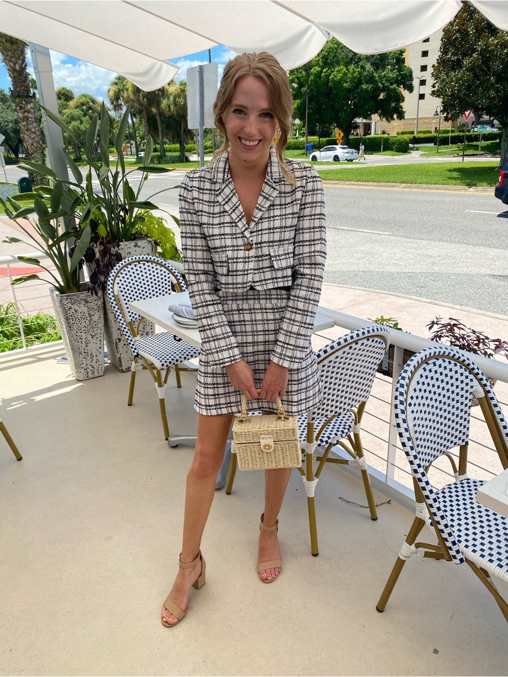 Tweed Plaid Two-Piece Set with Button Details - white & Black